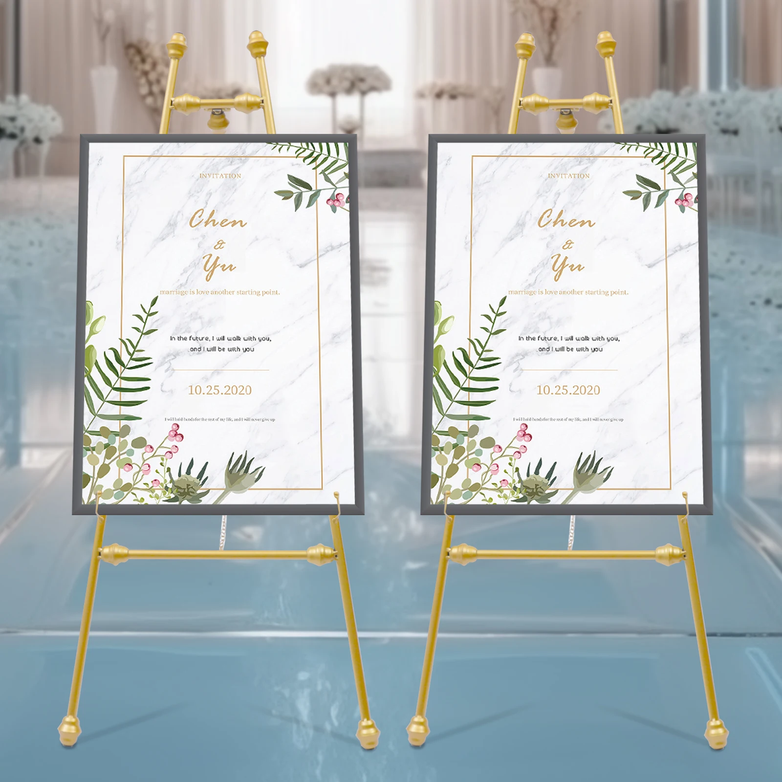 2 Pièces 50 * 118 cm Cadres de Bienvenue Dorés pour Mariage, Haute Résistance, Haute Stabilité, Supports de Chevalet