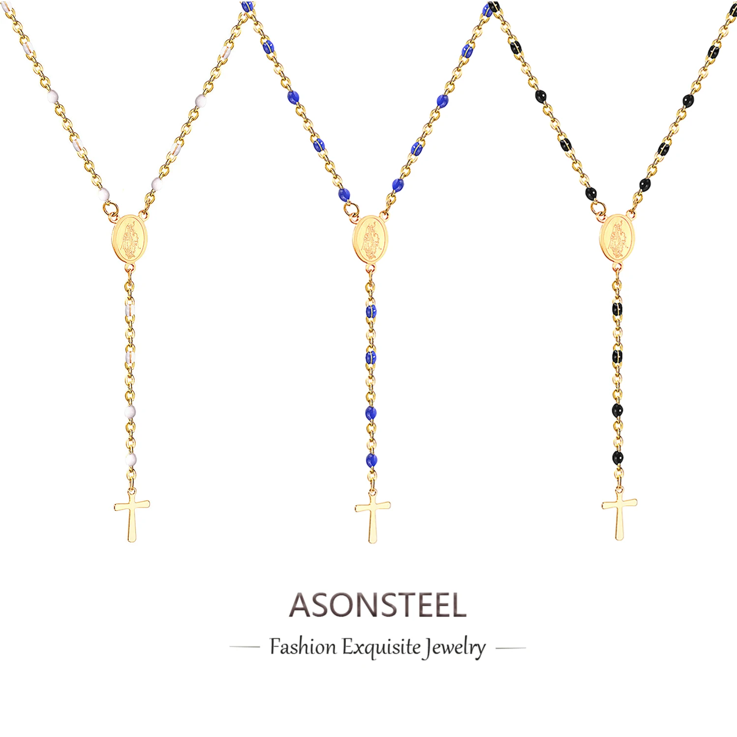ASONSTEEL Vintage Stainless Steel Virgin Mary Long Catholic Rosaries Beads Christian Cross Pendant Necklace Bracelets Jewelry
