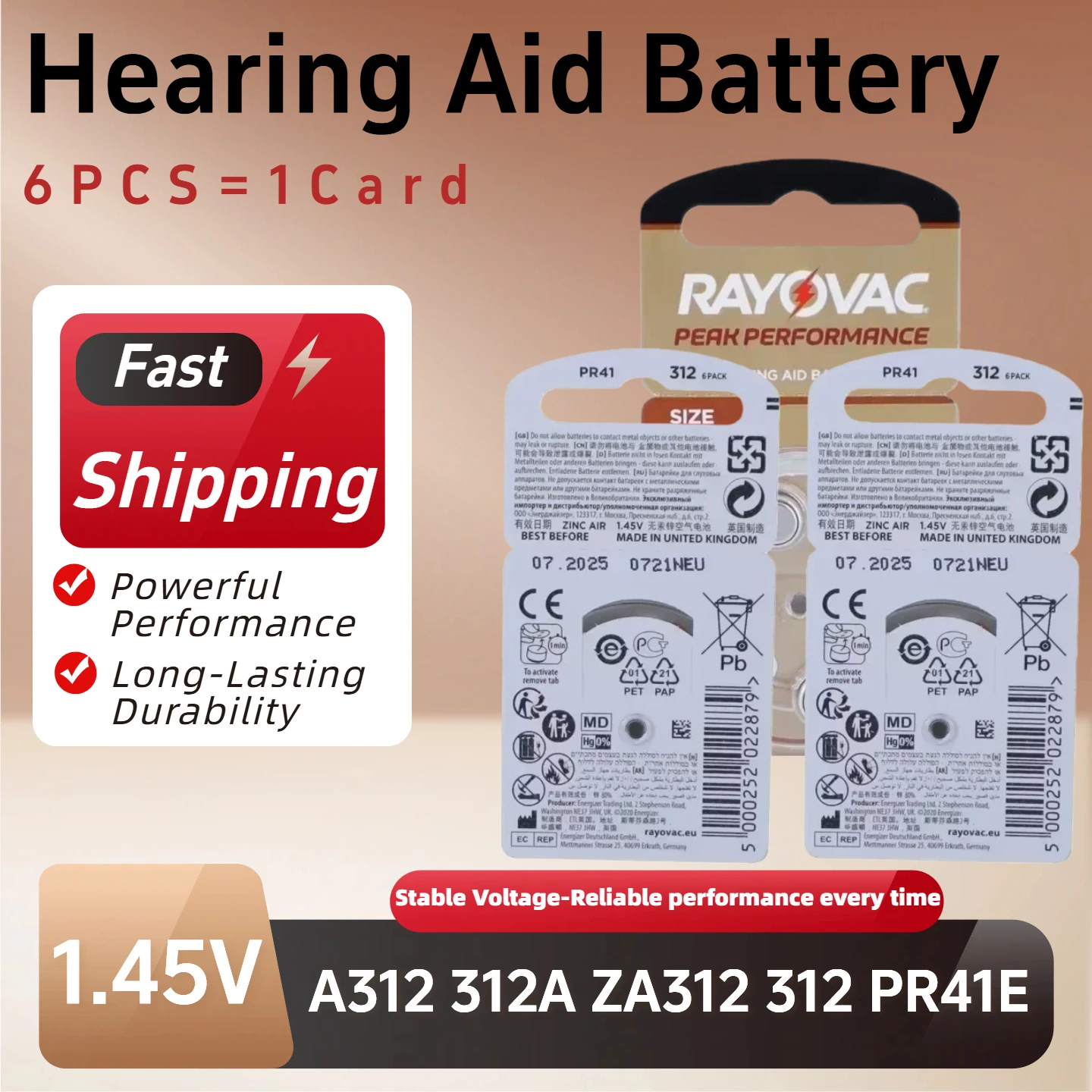 

High Performance Rayovac PEAK 312 1.45V Hearing Aid Batteries 6-60PCS A312 PR41 312A For BTE CIC RIC OE Aids