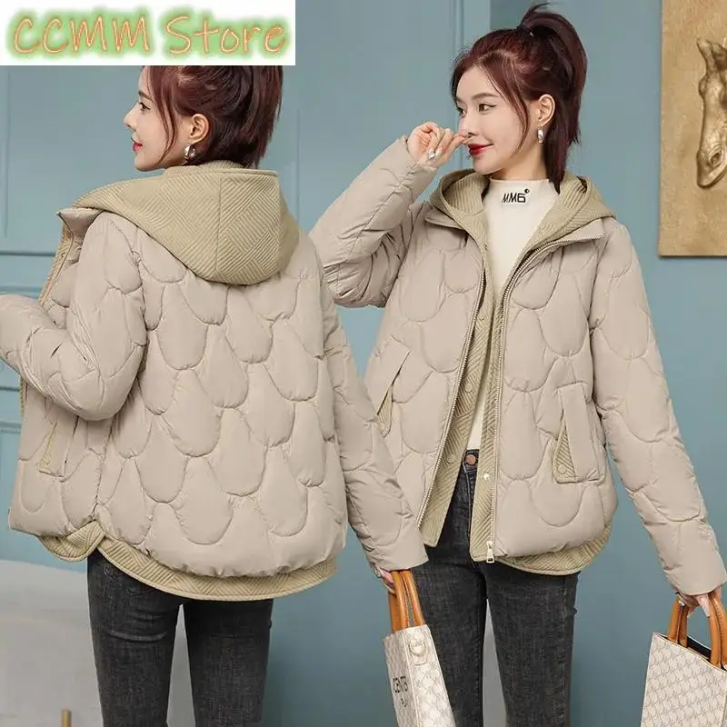 Hooded Parka Fake Two-Piece Down Cotton Clothes Women Short Corrugated Burr Thick Warm Cotton-Padded Jacket OutCoat Lady