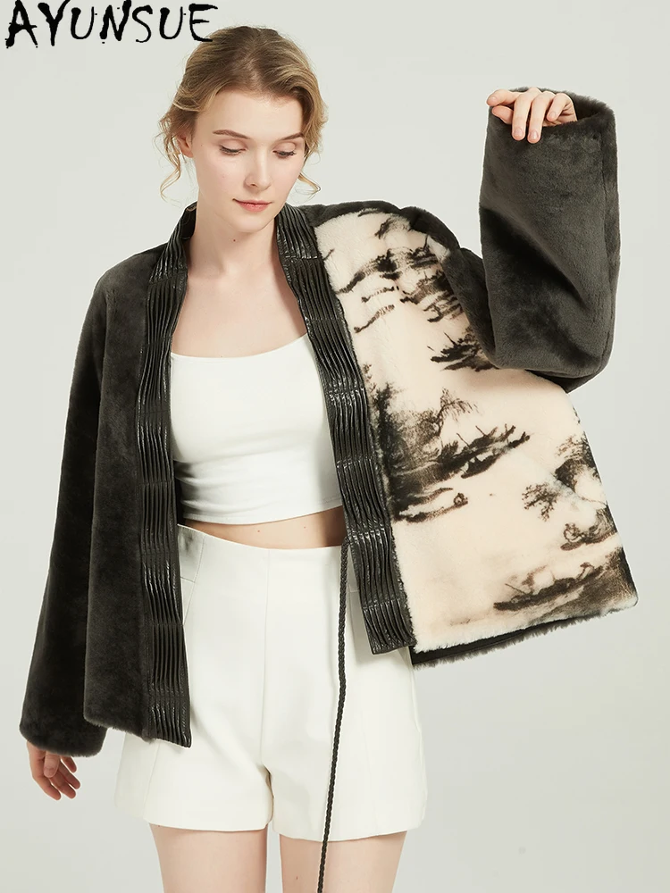 AYUNSUE 天然羊皮毛皮コート女性冬服レースアップ本革ジャケット女性コートの新作暖かい Шуба Женская