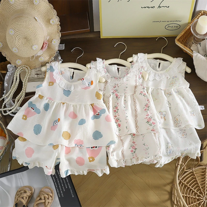 Conjunto de Duas Peças: Vestido de Princesa Sem Mangas com Estampa Floral, Roupa Fina de Verão para Bebês Meninas, Saia Floral Fofa para Bebê Menina