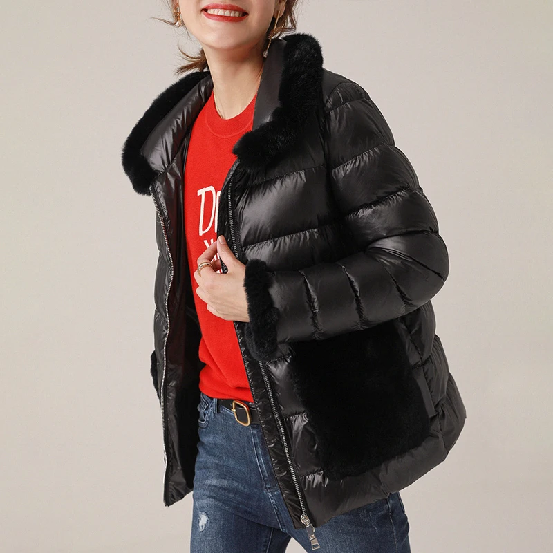 Winter New White Duck Down Coat Women\'s Fashion Thickened and Warm Rabbit Hair Down Coat Women\'s Short Coat Down Jacket Women