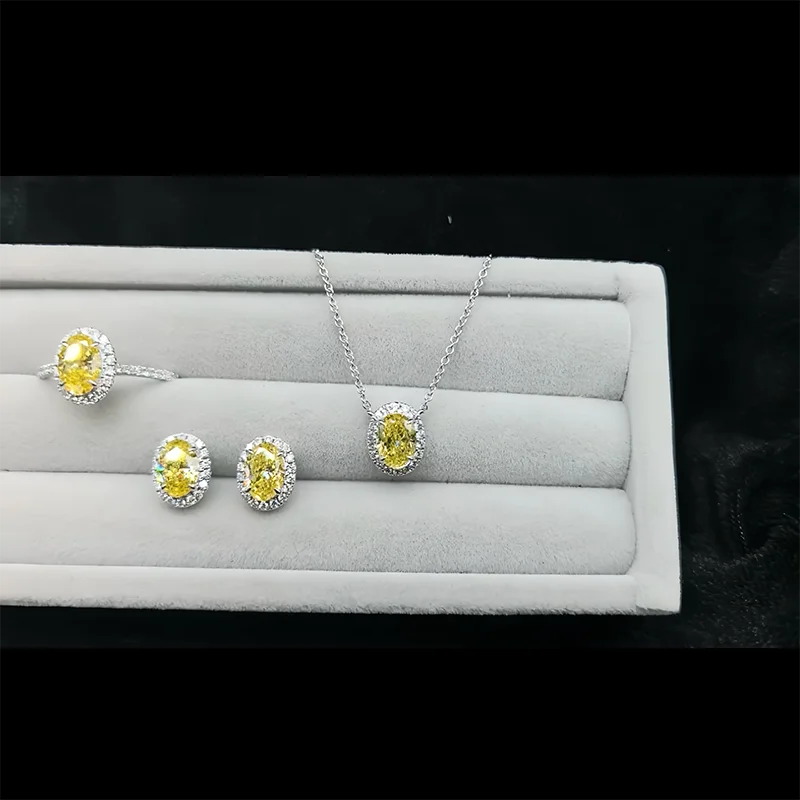 Solid 14k White Gold Yellow Oval Cut VS-VVS Lab Grown Diamond Ring（1ct）Necklace (1ct）& Earring（2ctw）Set of jewelry IGI