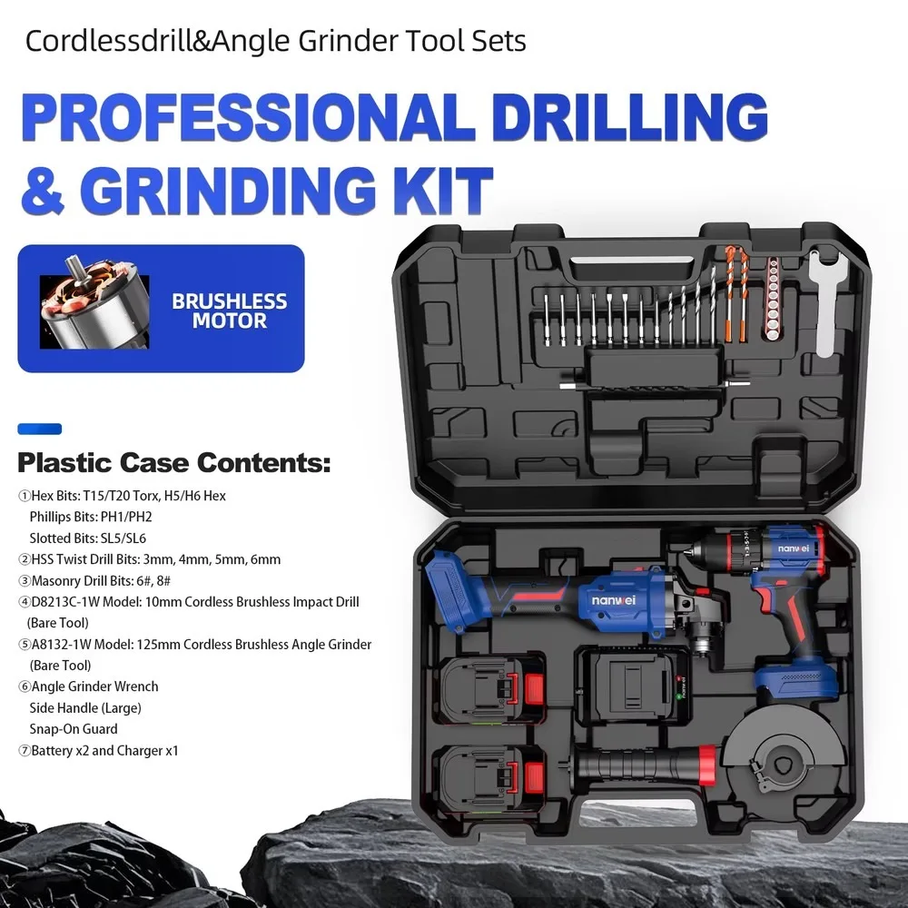21V Cordless Power Tools Set 2Pcs Electric Drill Angle Grinder with Case Box for Home Repair DIY Industrial Use