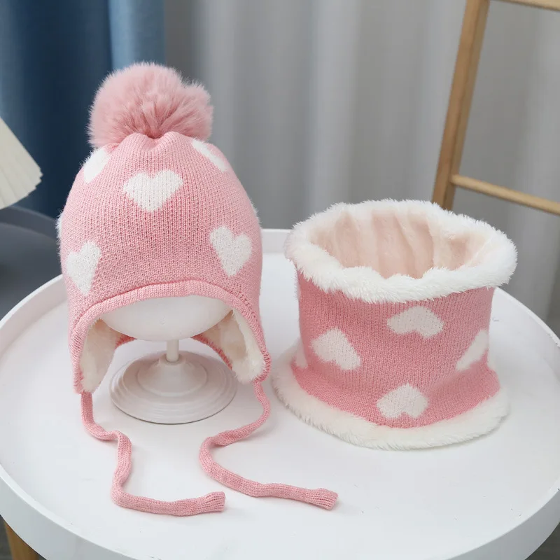 3-6Y Winter Knitted Children's Hat&scarf Set Fleece Lining Warm Kids Beanies Hat for Girl Ear Protection Pompom Hats for Child