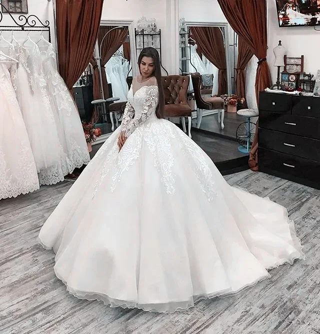 Customized Long Sleeve Puffy Ball Gown Wedding Dress Lace Brand Vestido De Novia Exquisite Bridal