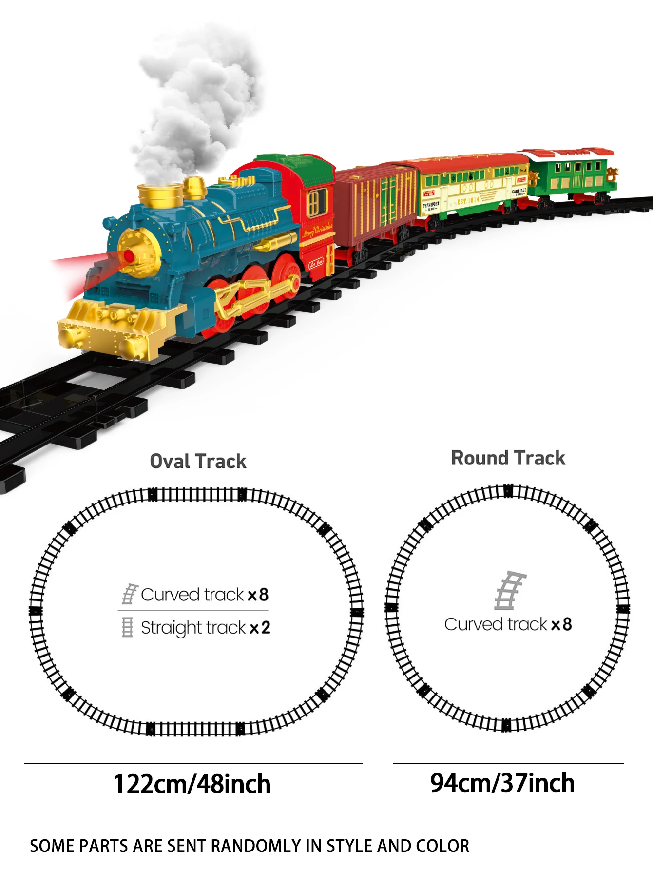 ชุดรถไฟรางไฟฟ้าสำหรับเด็กระบบไอน้ำแบบคลาสสิกมีเสียงจำลองรถไฟเพลงคริสต์มาสพร้อมสเปรย์