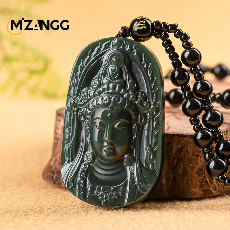 

Natural Hetian Jade Green Jade Guanyin Head Pendant Hand-carved Exquisite Charm Jade Necklace Men and Women Mascots Holiday Gift