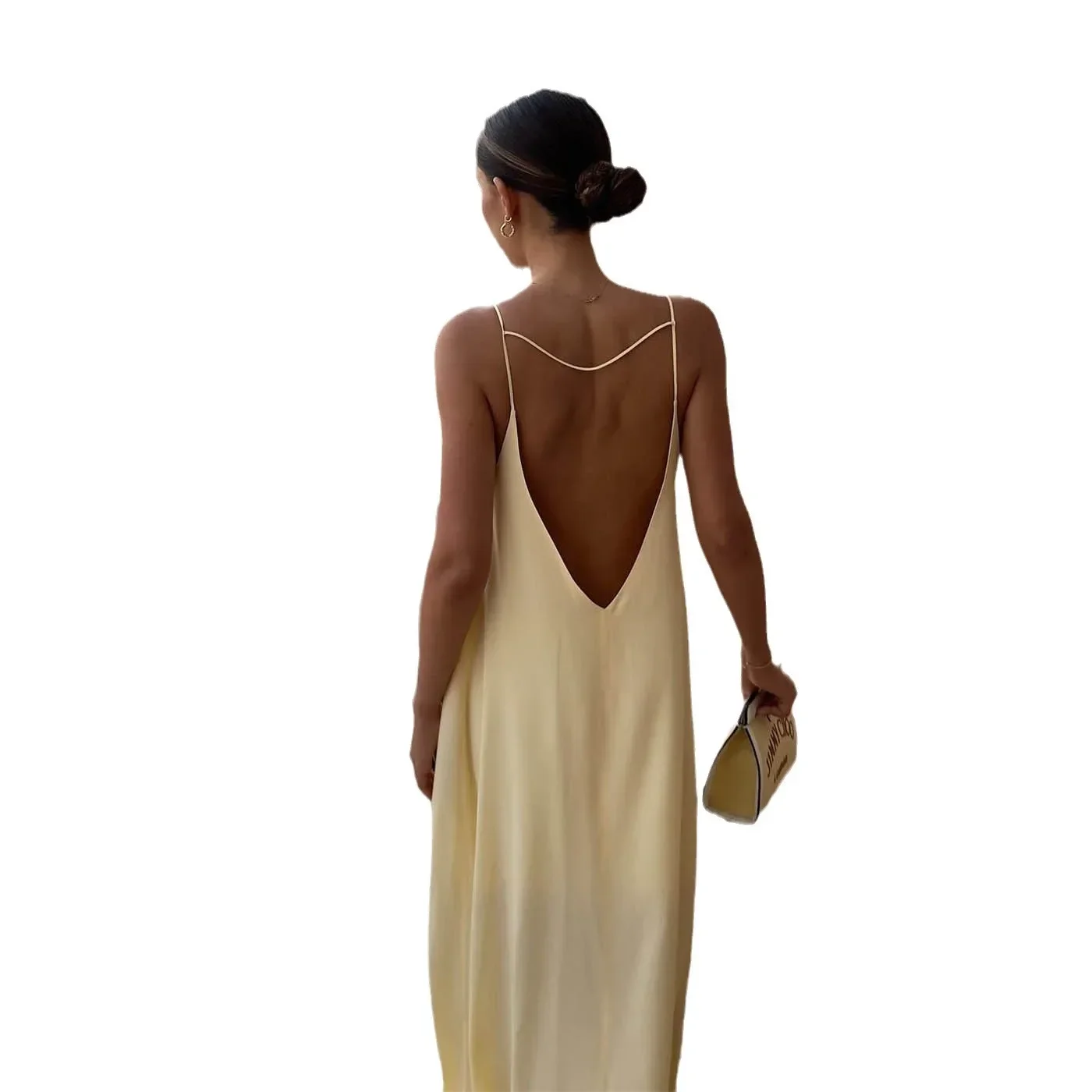 Sexy rückenfreies Satin-Maxikleid für Damen, modisch, ärmellos, weiblich, solide, schlanke Kleider, 2025, Sommer-Dame, weiße Strand-Urlaubsroben