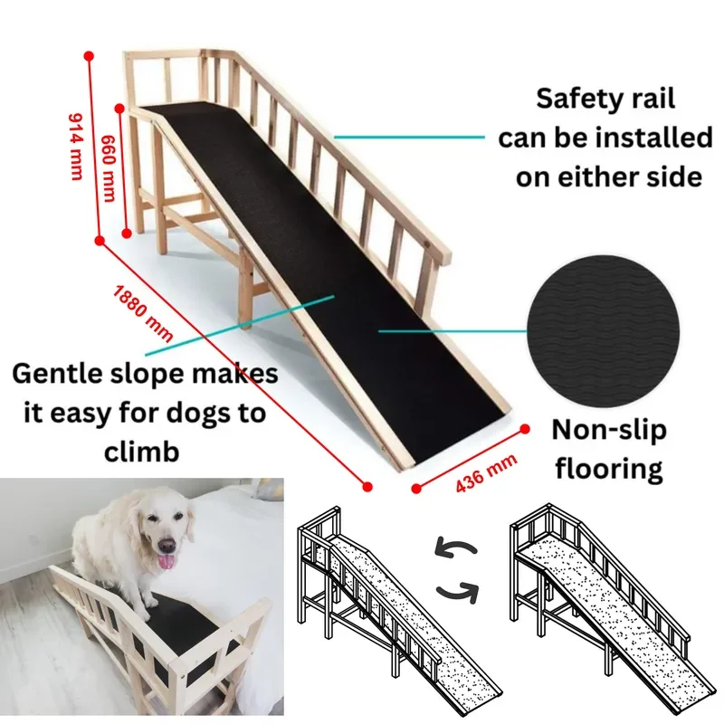 Joint Caring Modern Solid Wood Low Impact Incline Bed Ramp with Gentle Slope and Secure Footing for Senior Dogs Bedroom Use