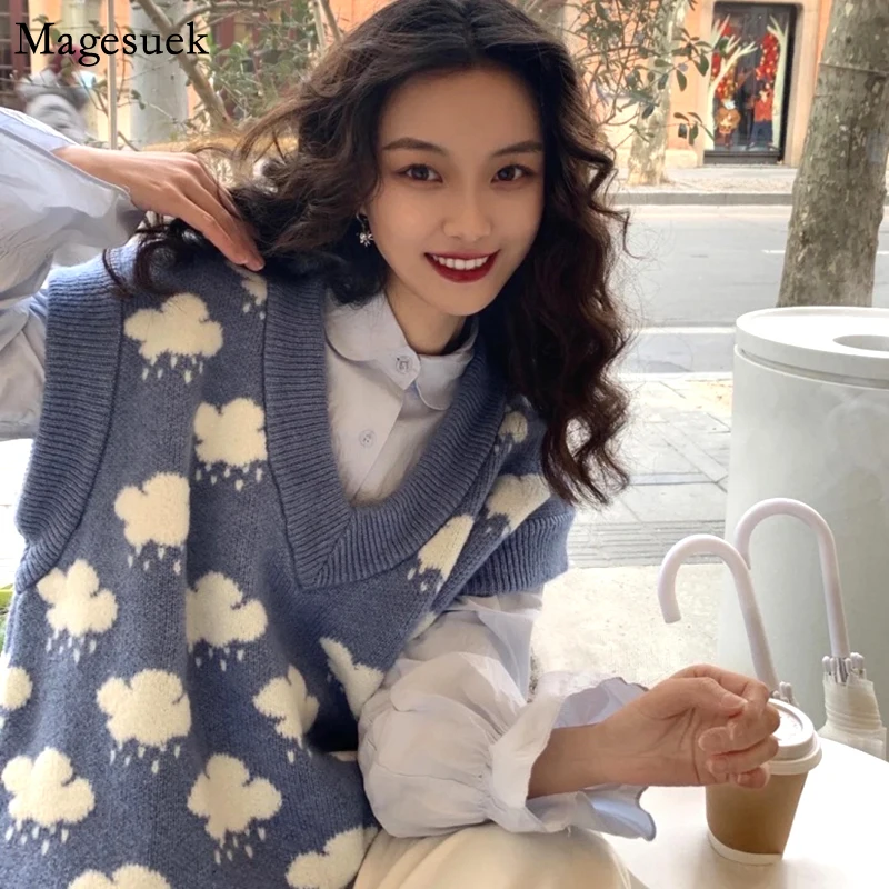 Autumn Knitted Pullover Sweater Vest Women Sleeveless Cloud Print V-neck Sweaters Loose Knit Vest Top Winter Clothes Women 15990