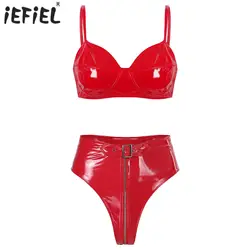 Womens Wet Look Patent Leather Clubwear Sexy Intimates Lingerie Underwear Set Wireless Bra Top with High Cut Front Zipper Briefs