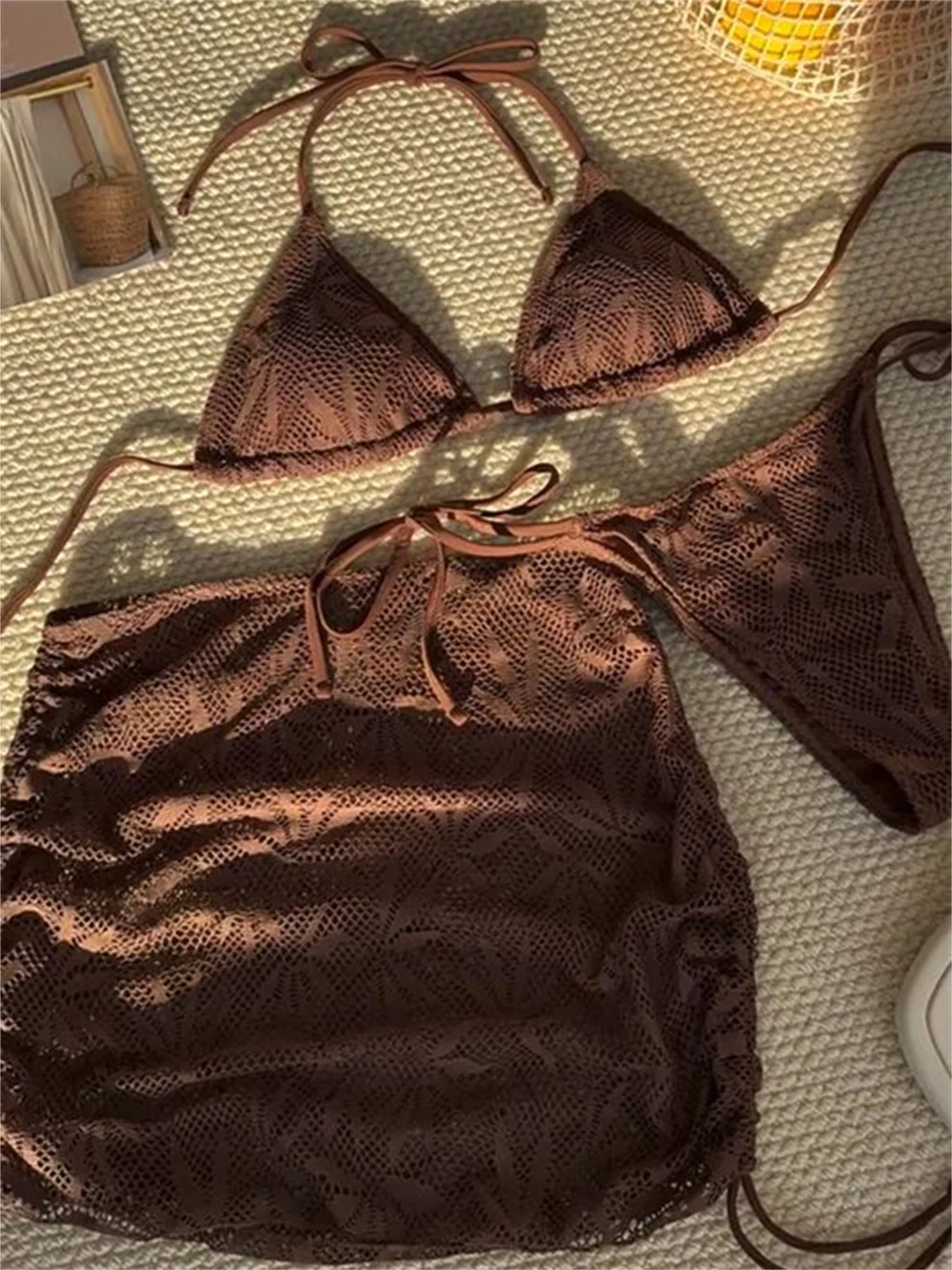 

Sexy Coffee Mesh Bikini Micro String Swimsuit Skirt Women Vacation Swimwear Bathing Suit Beach Wear Halter Backless Jacquard Set