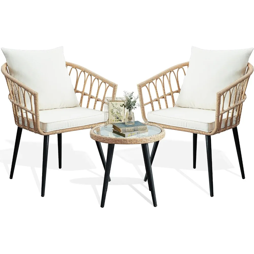 3 Piece Outdoor Wicker Balcony Furniture Set | Rattan Table and Chairs for Porch, Backyard, Lawn, Poolside, Deck, Beige