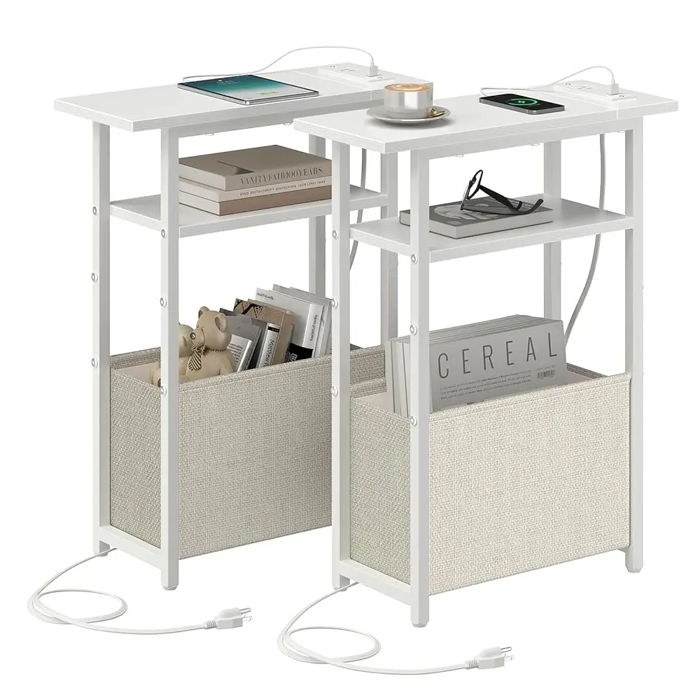 

Narrow Side Table With Charging Station Set Of 2, Small End Table For Small Spaces, Skinny Nightstands Set 2 With Storage