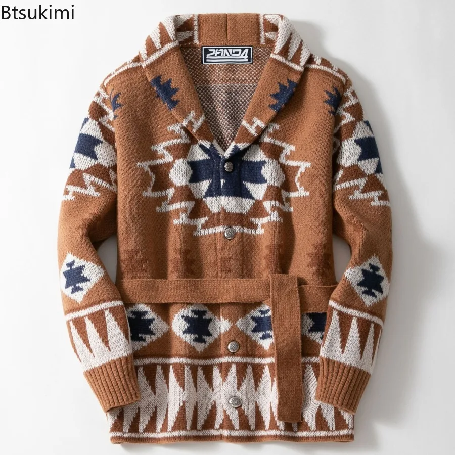 

Autumn Winter Men's Heavy Jacquard Knitted Sweaters Thick Warm High-end Retro Casual Sweater Coats with Belt Men Knit Cardigans