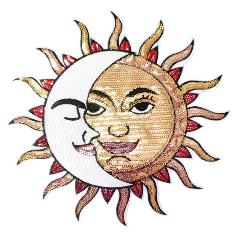 Large Patches Iron on Sun Moon Face Bead Embroidery Iron on Patch Big Patches for Jackets Cartoon Iron Patches Sequin Appliques