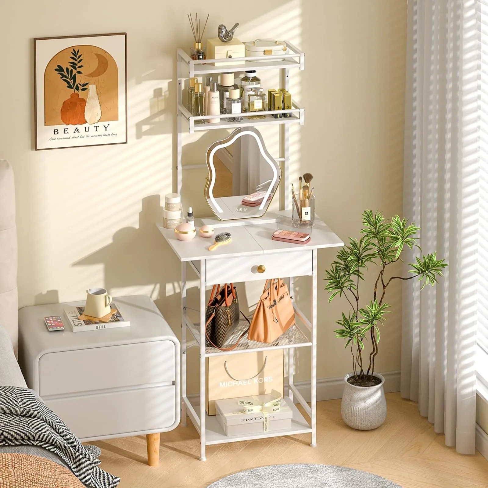 US Small Vanity Desk Without Mirror, Makeup Vanity Table for Small Space, Compact White Dressing Table with Fabric Drawers