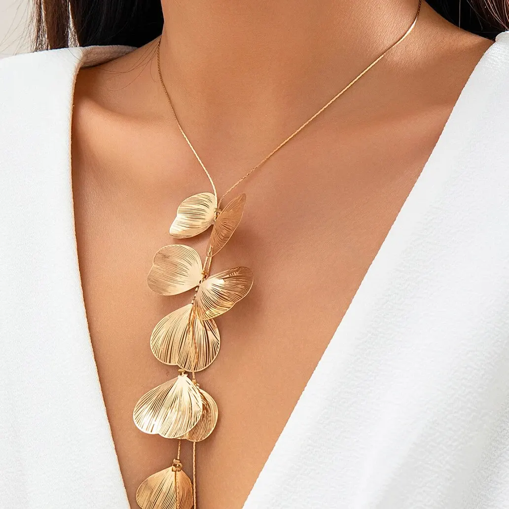 Vintage Gold Color Leaf Copper Wire Long Tassel Collar Chest Chain Necklace for Women Punk Party Choker Necklace Jewelry Gift image 2