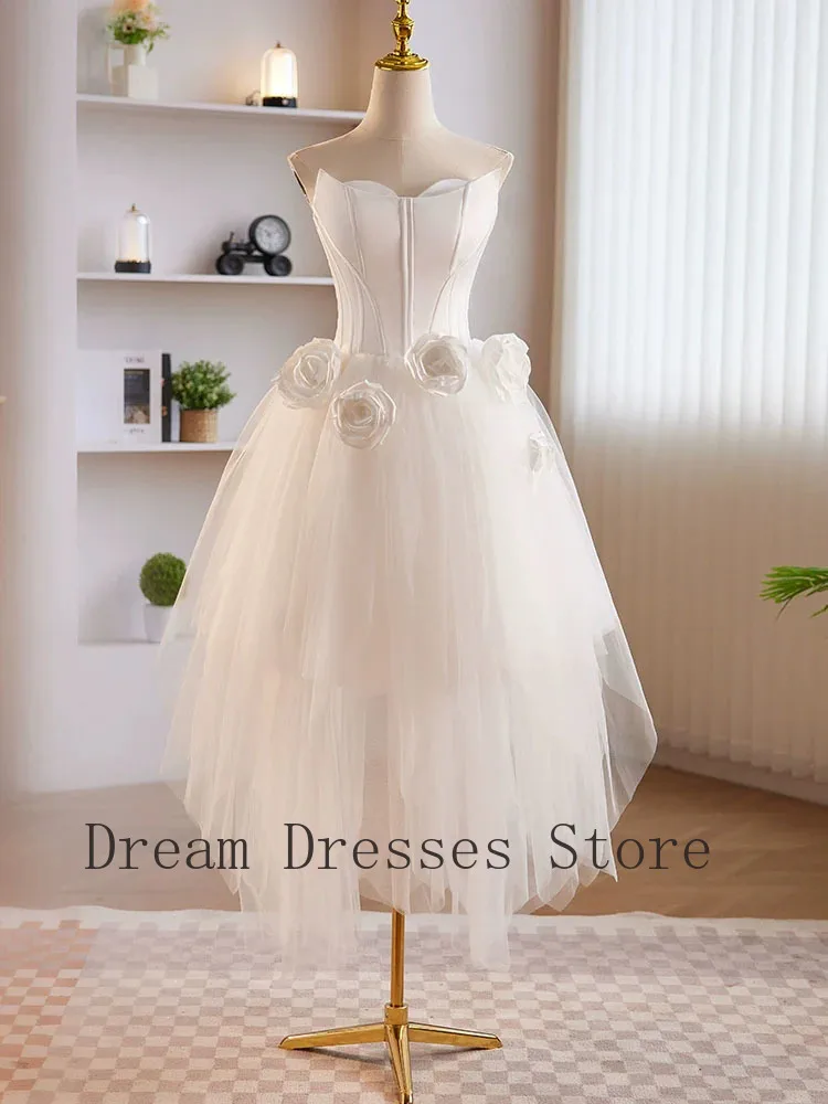 Customized Simple Tulle Criss-Cross Pleat Handmade Flower A-line Strapless Midi Dresses Bespoke Occasion Dresses Sizes Available