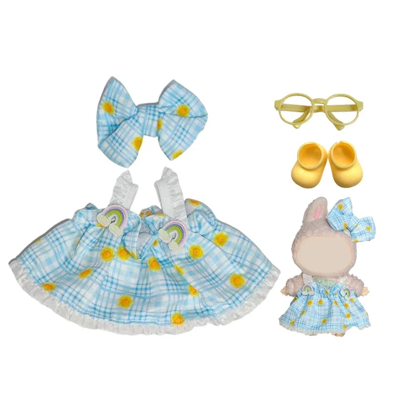17 ซม.Labubu ตุ๊กตาเสื้อผ้าชุดสีเขียว Apple รูปแบบชุดโบว์ Hairclip ตุ๊กตาน่ารักชุด DIY ของขวัญสําหรับ Labubu V1 V2 ตุ๊กตา