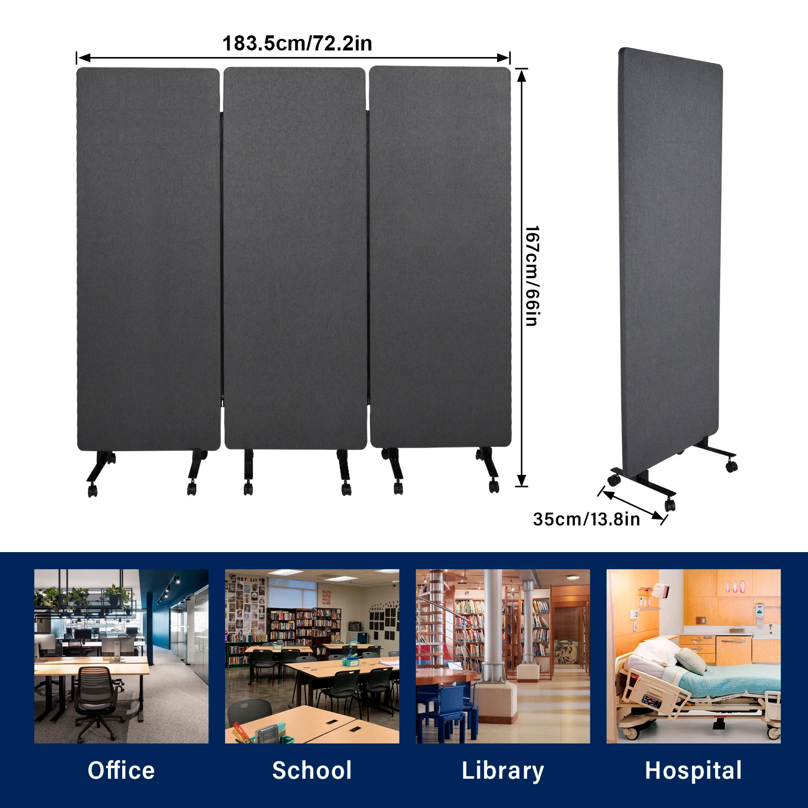 Acoustic Room Divider with Wheels, Folding Sound Dampening Partition 3 Panel, Portable Mobile Room Separator with Locking Casters, Noise Reducing Privacy Screen for Home Office