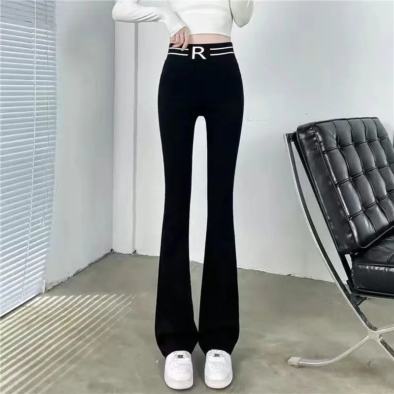 Calça reta de cintura alta elástica feminina, panelas lare simples, bolsos em retalhos, fina, versátil, monocromática, moda coreana, nova, verão