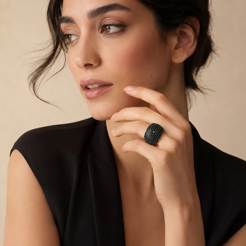 Black Pave Cocktail Ring Europe Style Fine Jewerly For Women Men 2022 Spring Vintage 925 Sterling Silver Gift
