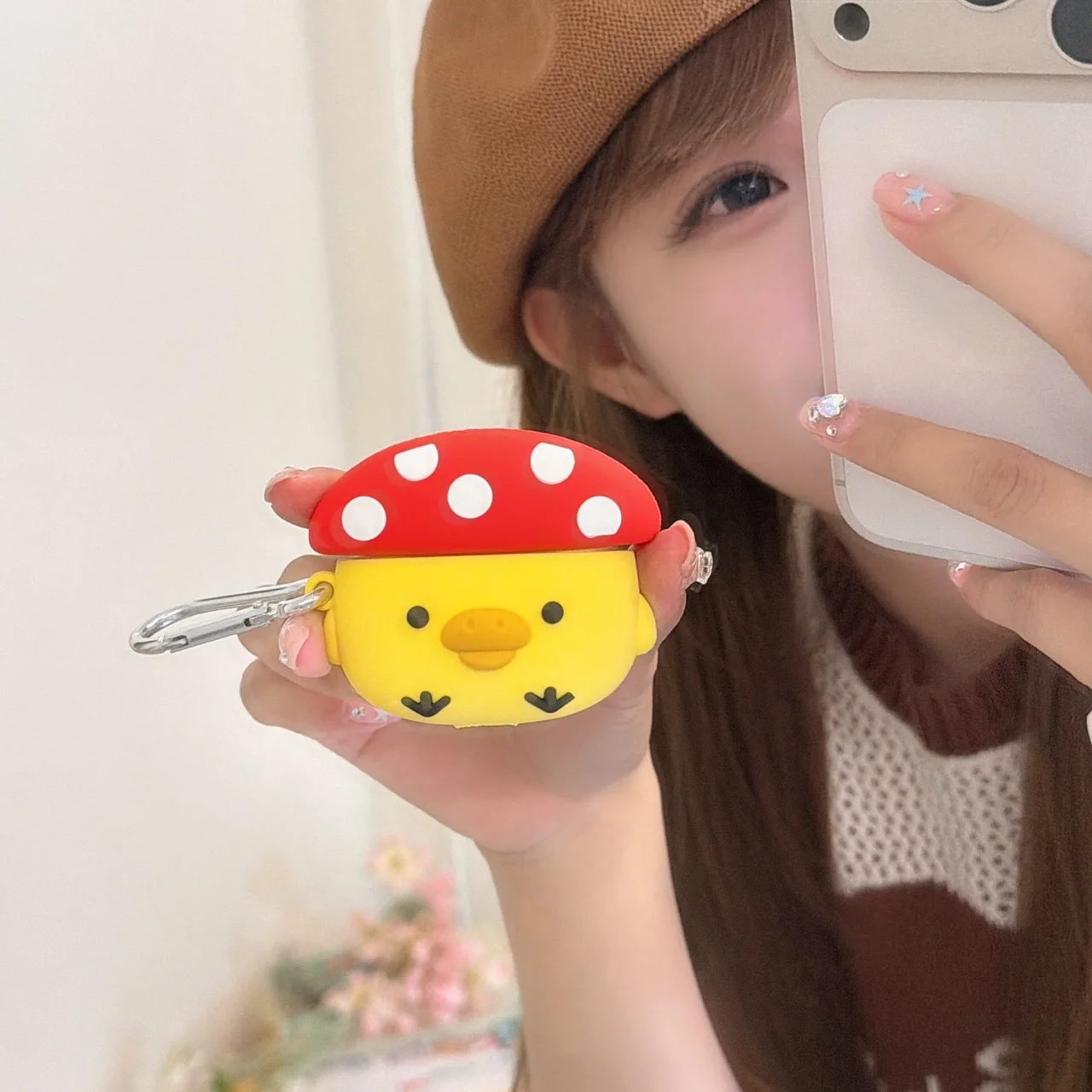 Kawaii Yellow Chick Mushroom AirPods Case Soft Silicone Protective Cover For AirPods Pro 2 3 4 1/2 Gen Anti-fall Shell With Hook