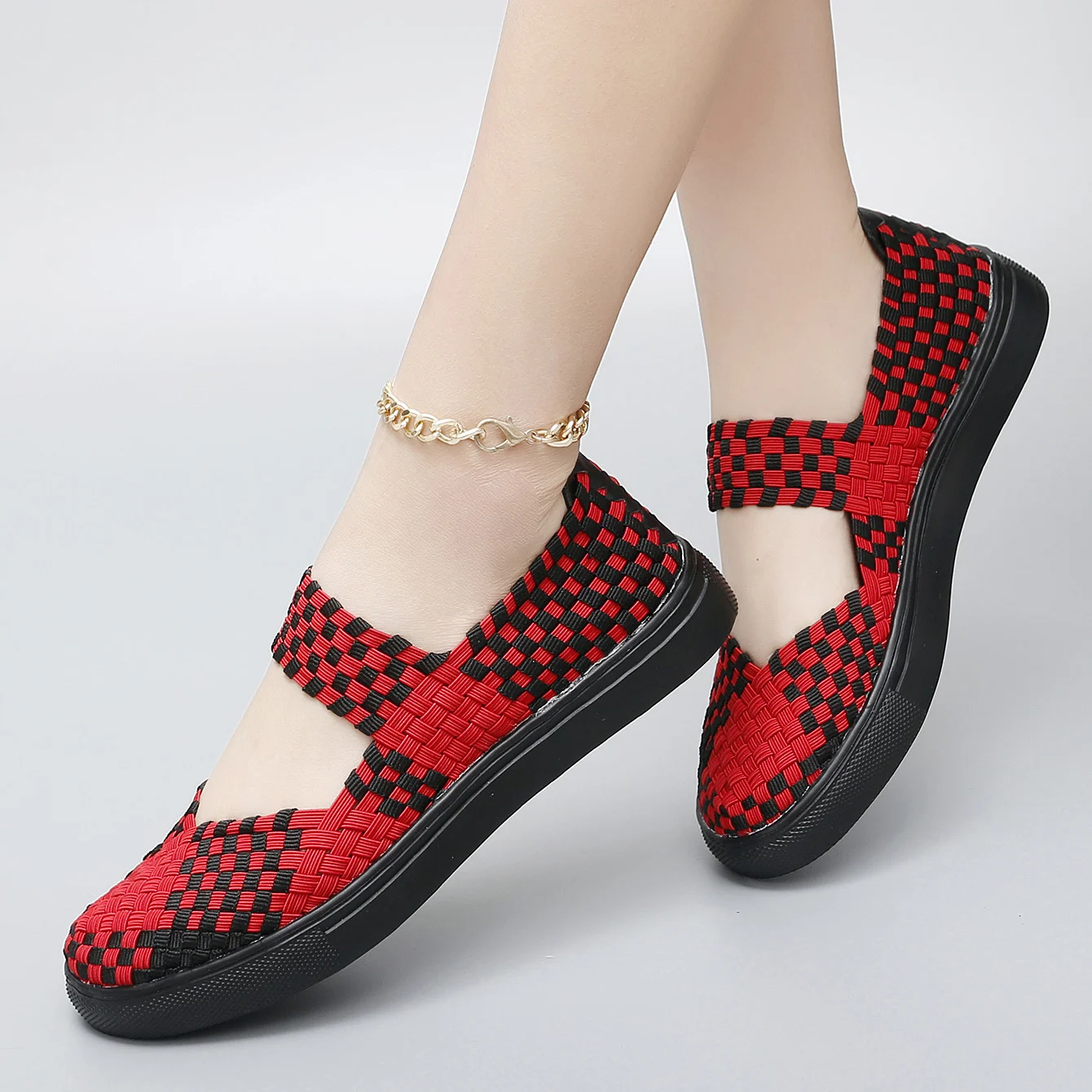 Zapatos para caminar de talla grande 42 para mujer, mocasines sin cordones con correa tejida, zapatos planos transpirables suaves para enfermera, zapatos informales con punta redonda para mujer