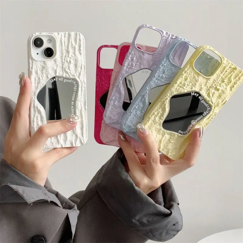 

Чехол для телефона для iPhone 15, 14, 13, 12, 11 Pro Max, новый INS, текстура морщин, зеркало для макияжа, противоударный, мягкий защитный чехол с защитой от падения