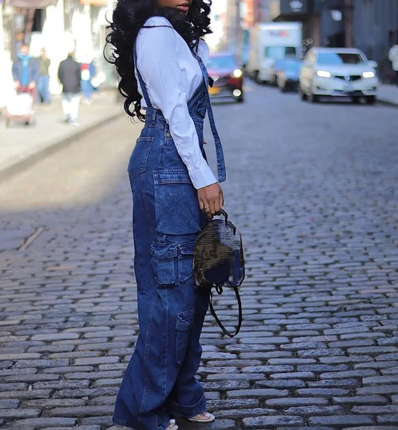 Tuta con canottiere in denim allentato multitasche alla moda per abbigliamento da donna Tute lunghe senza maniche femminili da strada personalizzate