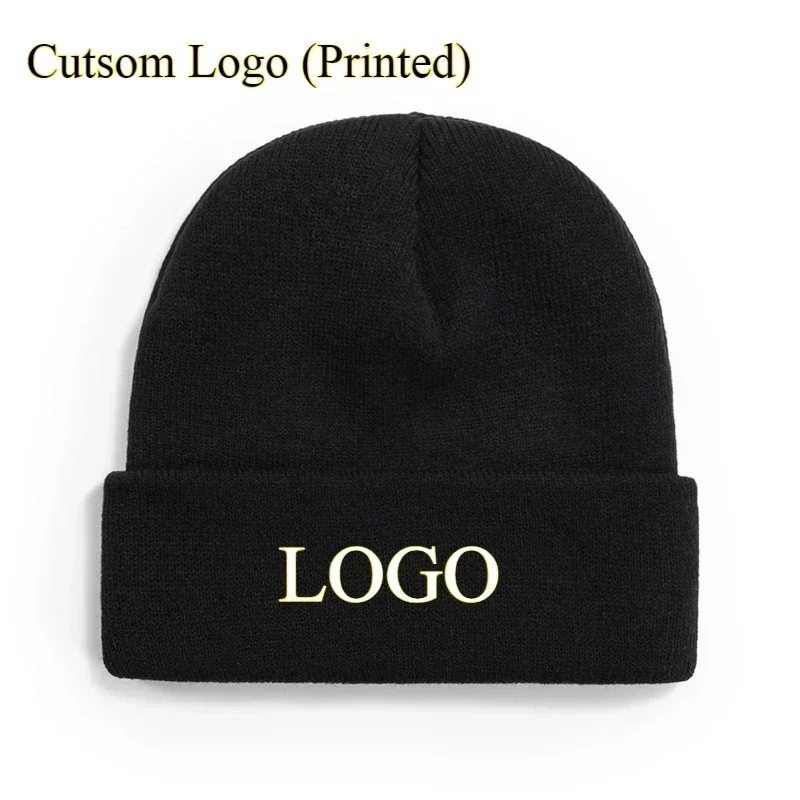 Custom Printed Logo Knitted Hats for Women Men  Autumn Winter Solid Color Warm Ear Protection Girs Outdoor Beanie Hat Wholesale