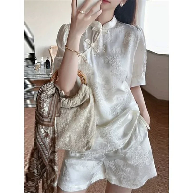 ฤดูร้อนใหม่ 2 ชิ้นชุดสตรีชุดลําลองกบปุ่มเสื้อ + กางเกงขาสั้นเอวยางยืดชุด 2 ชิ้นผู้หญิง