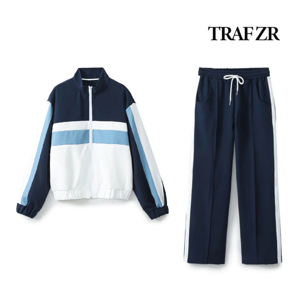 TRAF ZR Women Contrast 2 Pieces COTTON Pants Set Long Elastic Cuffed Sleeve Jacket + Elastic Drawstring Pants with Front Rib