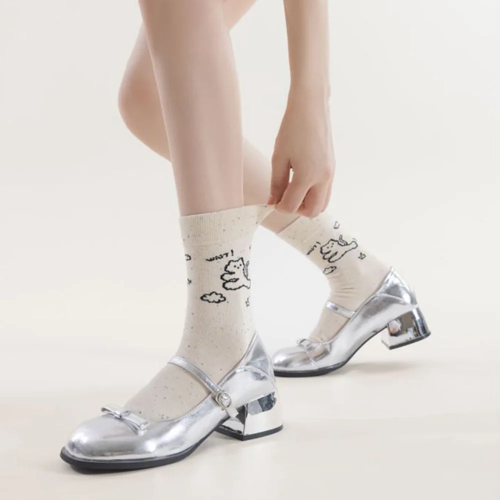 2 Pair Middle Tube Socks Women Cute Cartoon Animals Long Socks Fashion Streetwear Autumn  Winter Funky Soft Comfortable Socks