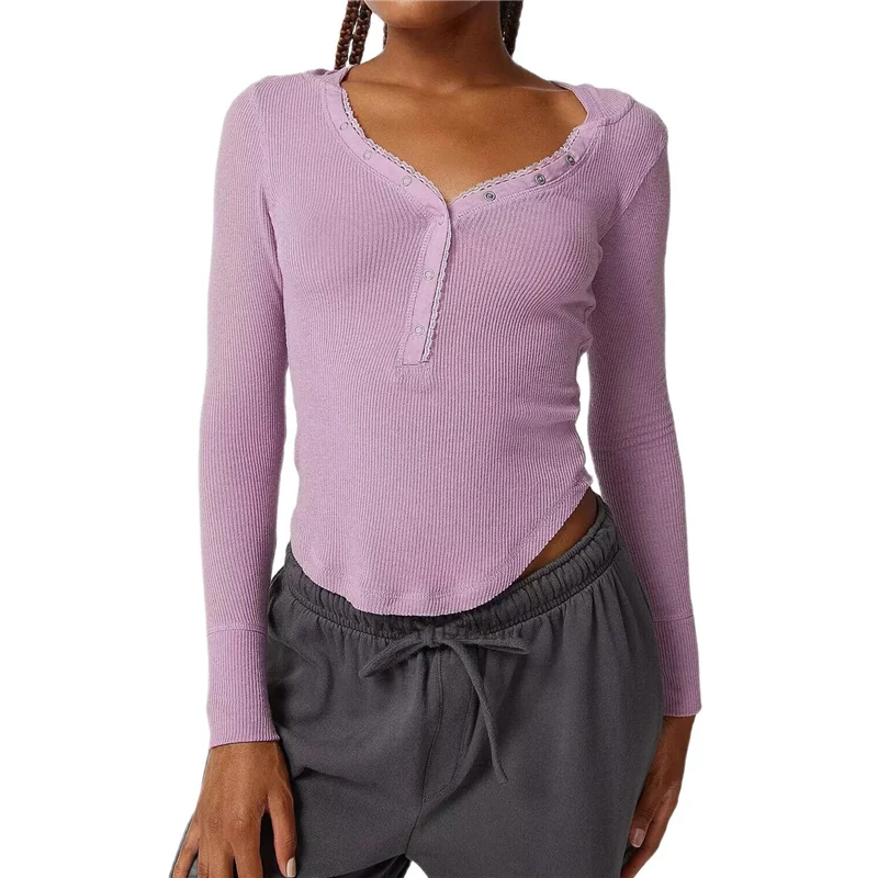 

FX-Womens Long Sleeves Ribbed Knit Tunic Scoop Neck Button Down Casual Henley Tee Shirt Slim Fit Blouses
