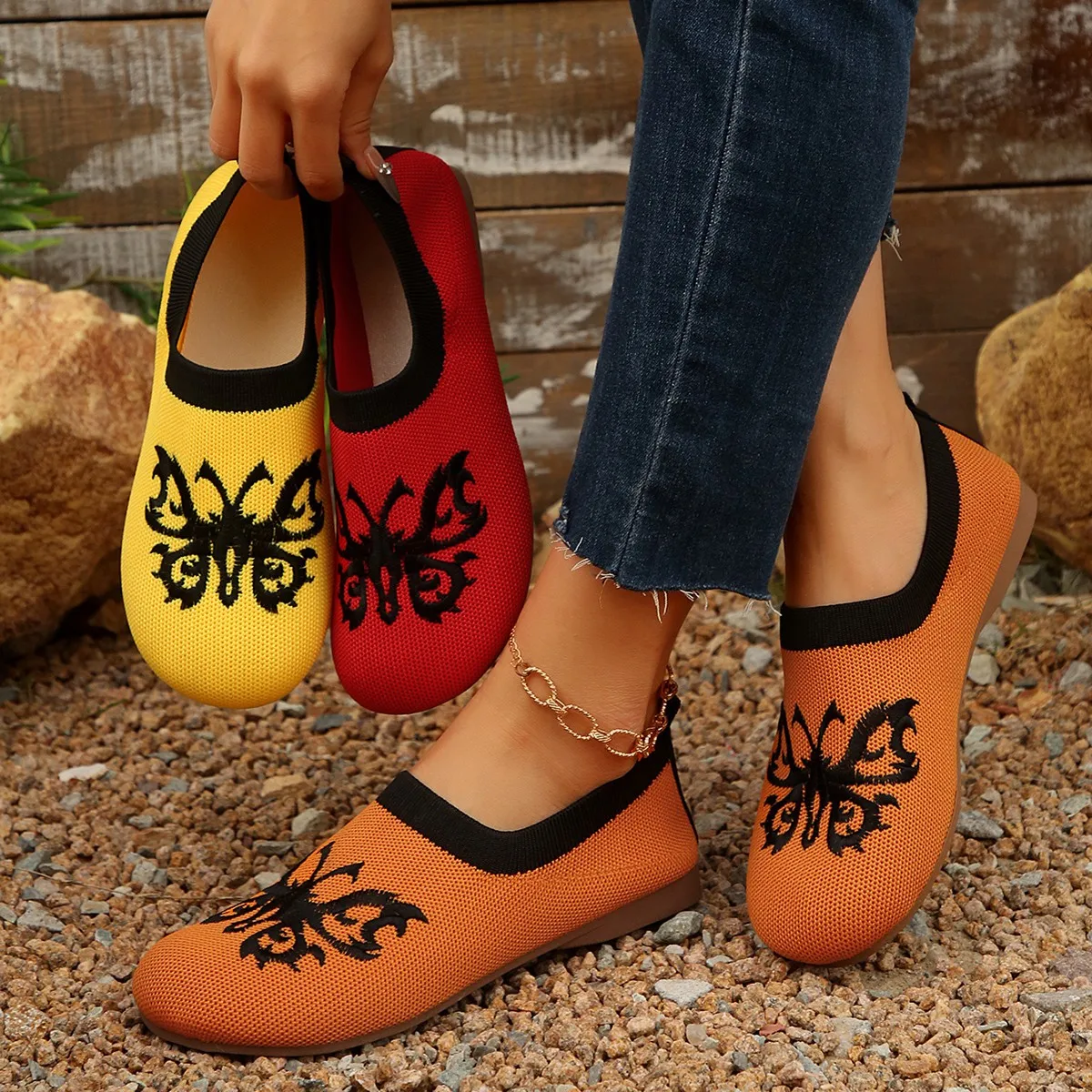 

Женские туфли на плоской подошве, новые туфли на плоской подошве с круглым носком, однотонные вязаные туфли без шнуровки, повседневные дышащие балетки, женские лоферы на плоской подошве