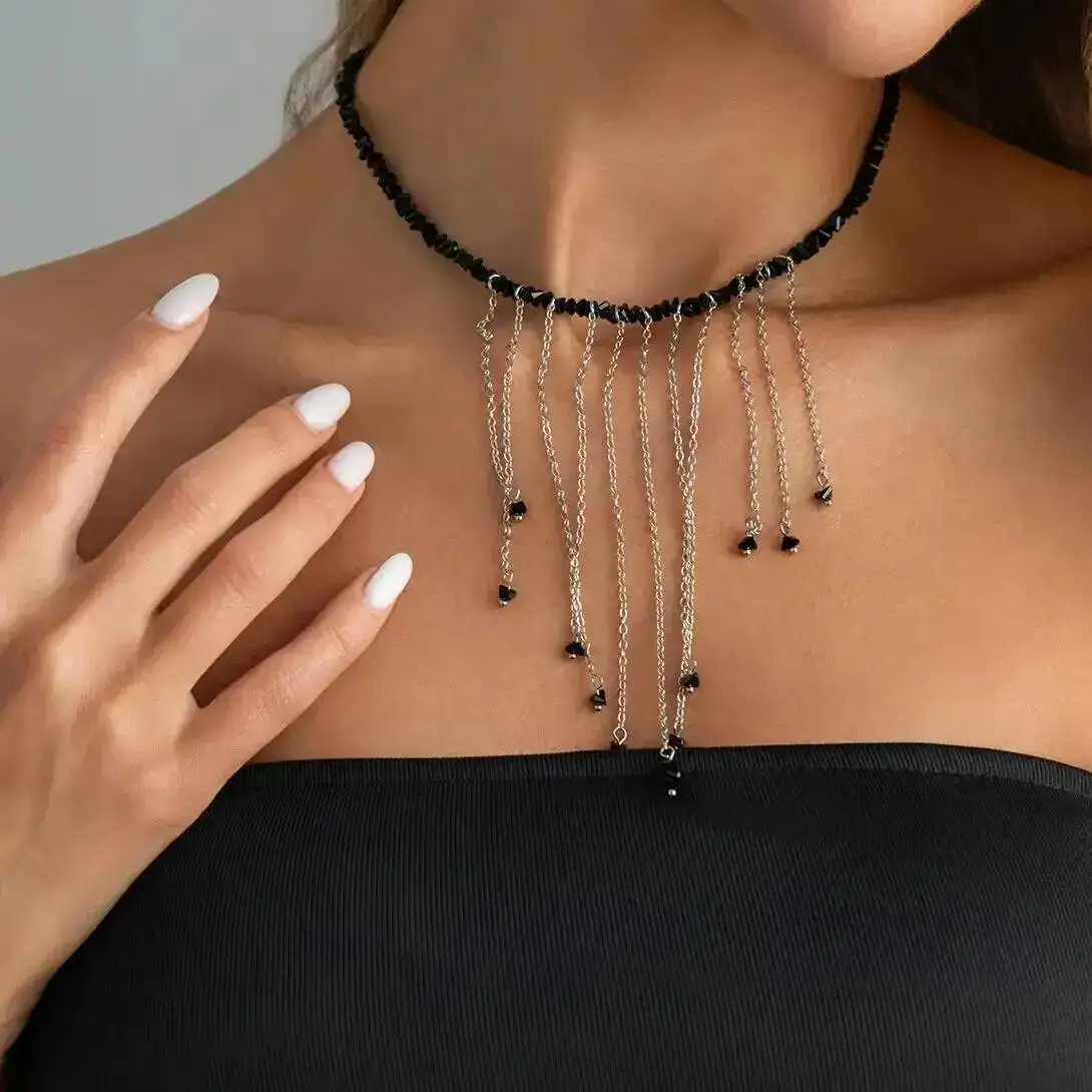 SHIXIN New Y2K Black Crystal Beaded Pendant Necklace Women Boho Irregular Tassel Clavicle Chain Choker Exquisite Fashion Jewelry