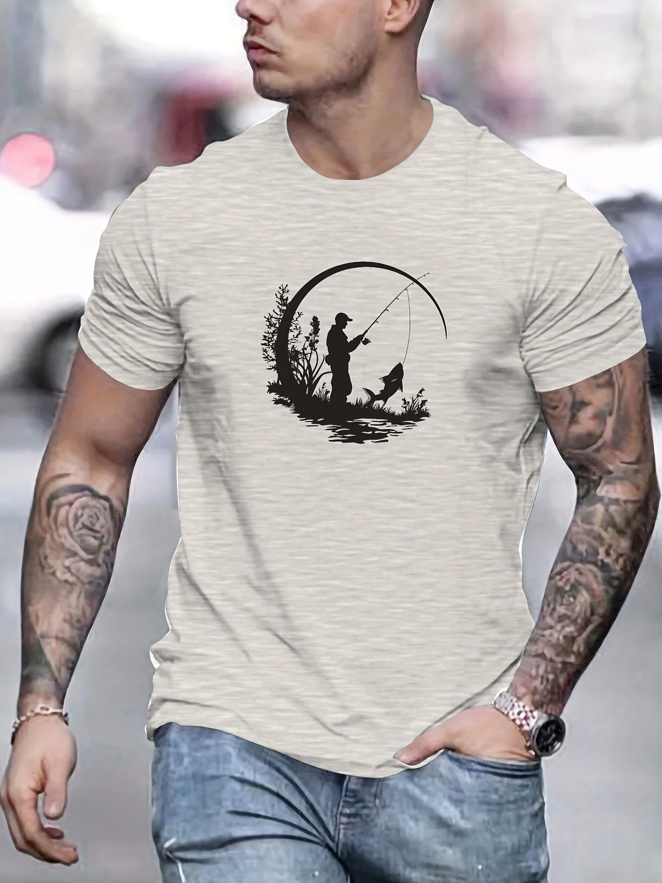 Men's Summer Relaxed-Fit Short-Sleeve Crew-Neck T-Shirt with Fishing Print Simple Stylish and Casual Short-Sleeve Top
