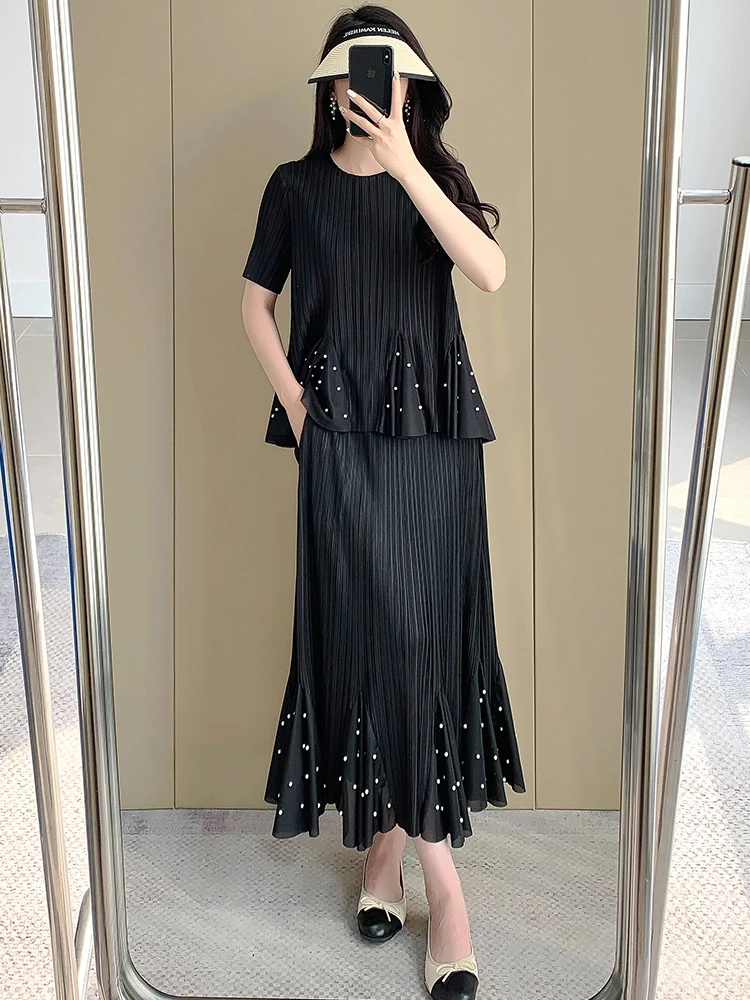 

Miyake Sweet Nail Bead Folded Skirt Set Summer High End Fairy Aging Reduction Top High Waist Fish Tail Half Skirt Two Piece Set