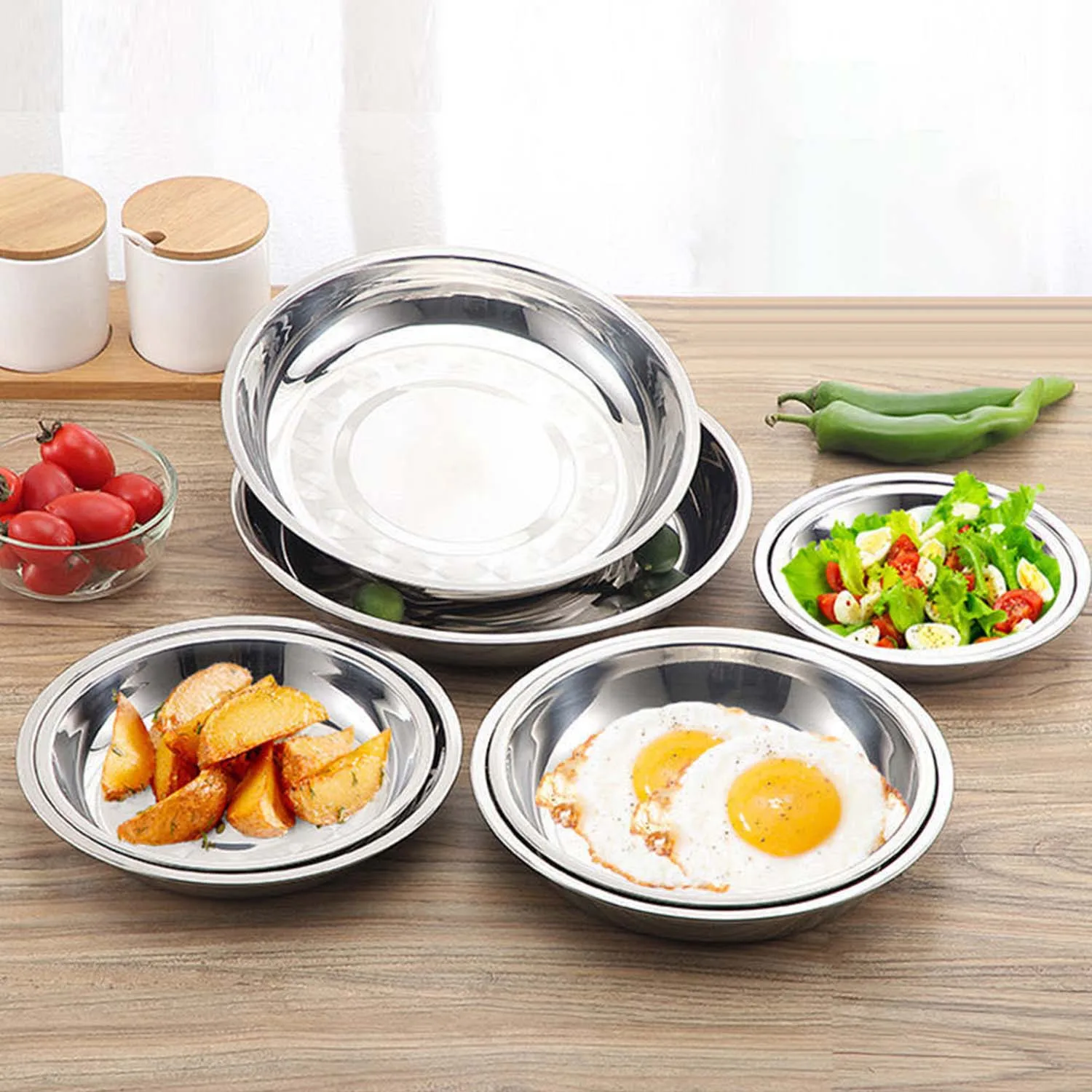 Assiettes à dîner en acier inoxydable, assiettes rondes en métal de cuisine, assiettes de service de Camping antirouille pour barbecue, collation, salade 6 pièces