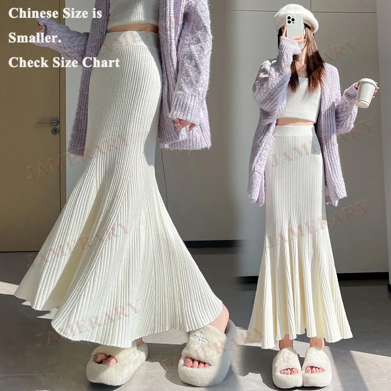 

Осенне-зимняя корейская вязаная юбка-русалка для женщин, эластичные длинные вязаные юбки с высокой талией, трикотаж