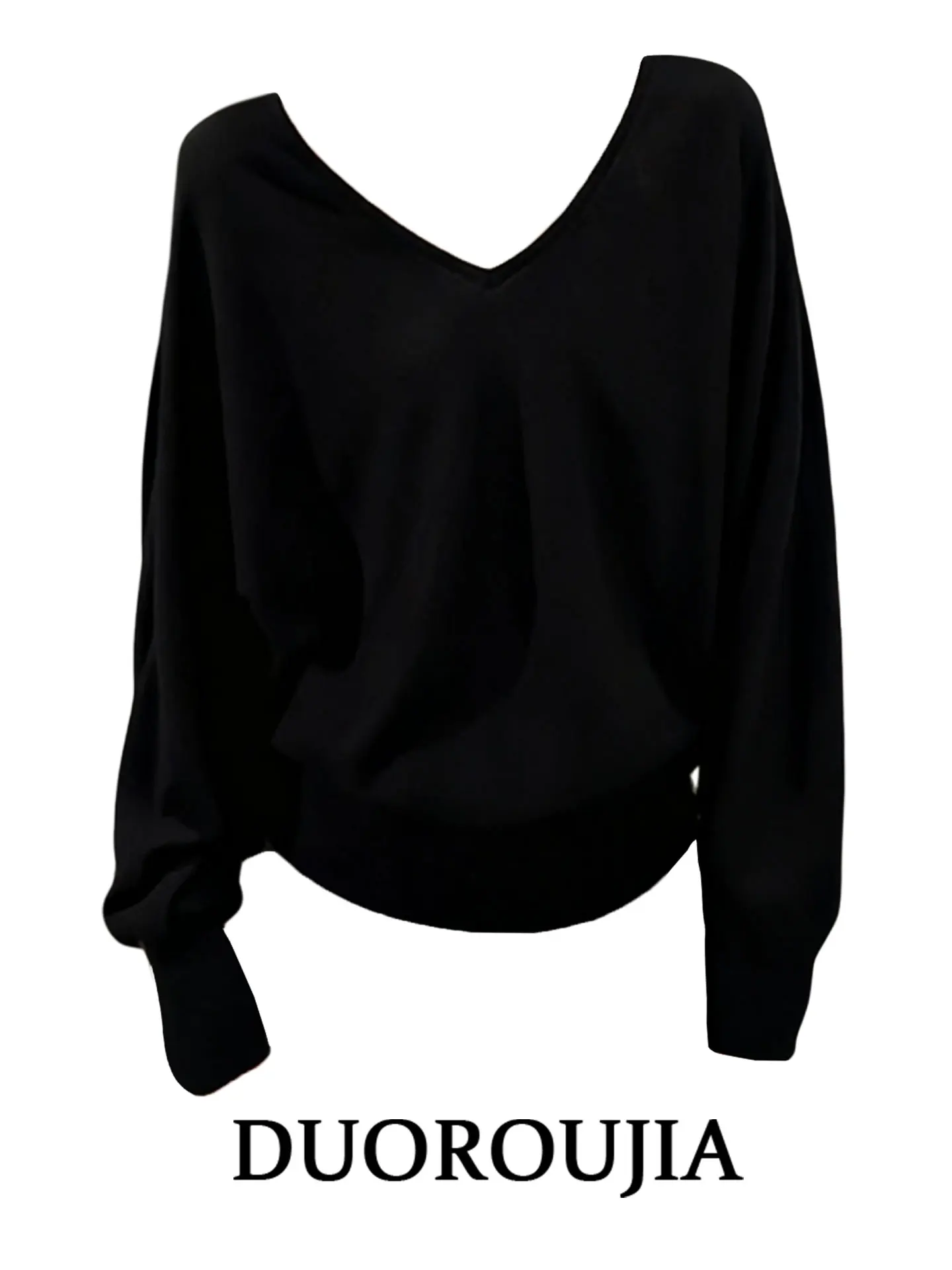 

plus Size Black V-Neck Batwing Sleeve Long Sleeve T-Shirt Women's Spring New Style Slimming High-End Feeling Casual Loose Fit