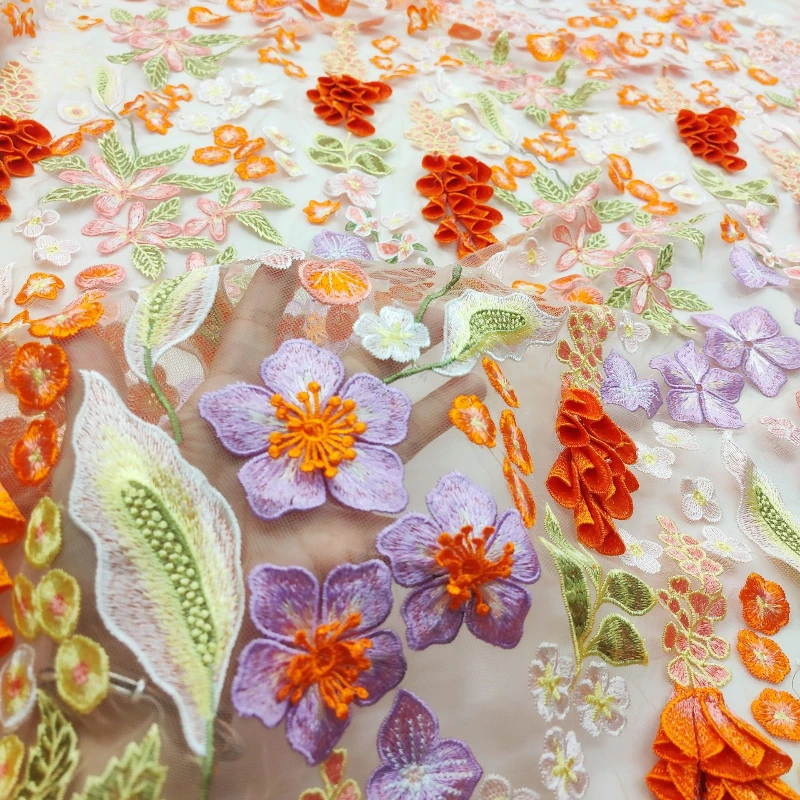 Ring Flower Embroidery Fabric New European and American Multi-color Mesh Three-dimensional Precision Dress Wedding Fabric