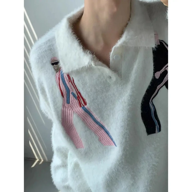 

Lapel Design Jumper Embroidered Imitation Mink Down Sweater Men Winter Comfortable Loose Tight Knit School