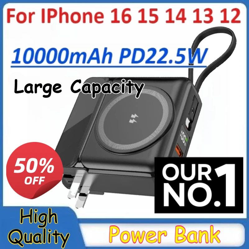 

Magnetic Power Bank with Built-in Cable 10000mAh Fast Charging for IPhone 16 15 14 13 12 Large Capacity Power Bank