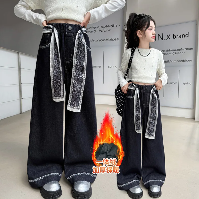 

Утолщенные флисовые джинсы для девочек, зимние широкие брюки, детская модная одежда, бархатные толстые детские джинсовые брюки + лента