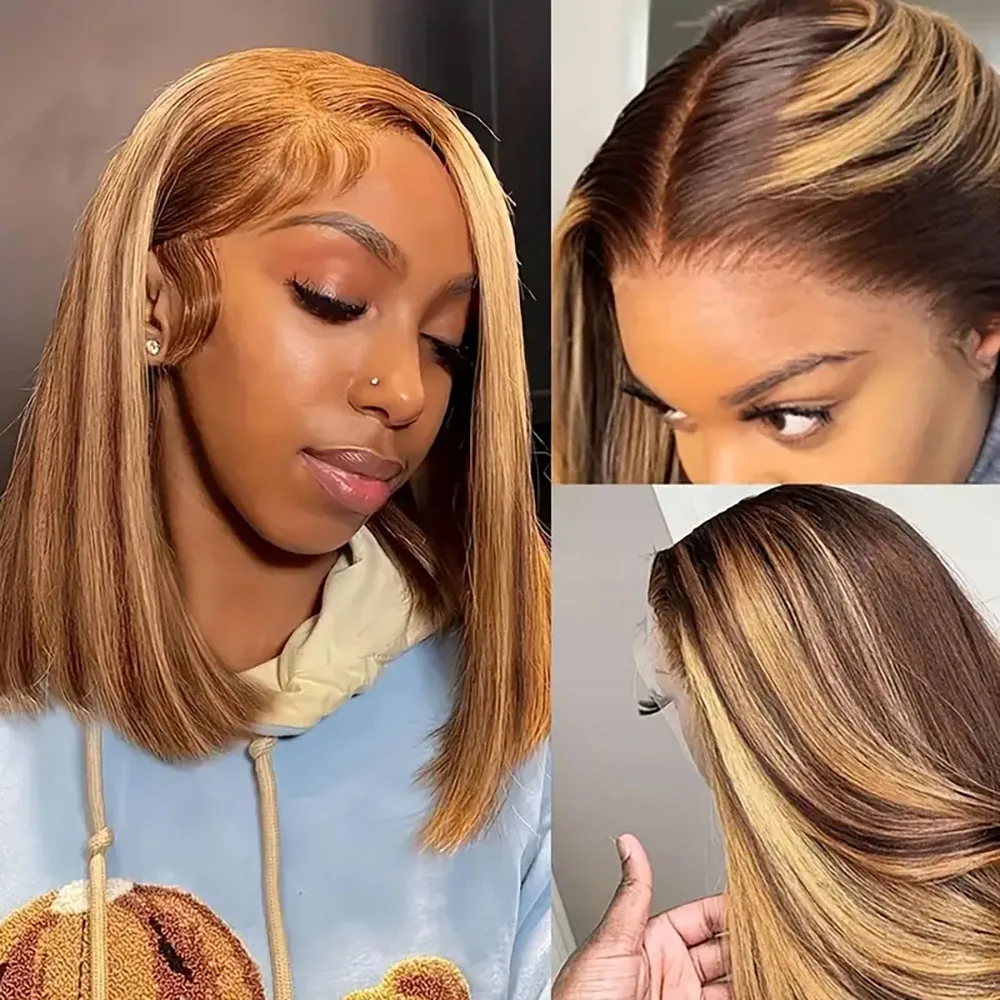 

13X4 Straight Bob Honey Blonde Lace Front Wigs Human Hair Highlight Pre Plucked 220Density Transparent Lace Frontal Wig 4/27